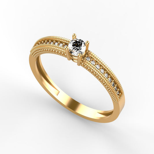 Anillo de compromiso en oro amarillo 18K con diamante natural de 0,16ct en cuatro garras y banda ancha triple milgrain con 18 brillantes en micropavé – Joyería Lucigo Colombia