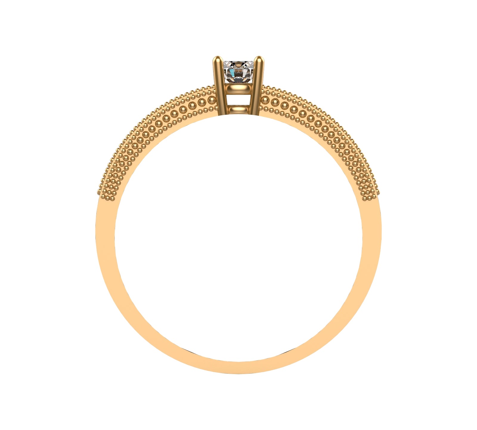 Anillo de compromiso en oro amarillo 18K con diamante natural de 0,16ct en cuatro garras y banda ancha triple milgrain con 18 brillantes en micropavé – Joyería Lucigo Colombia