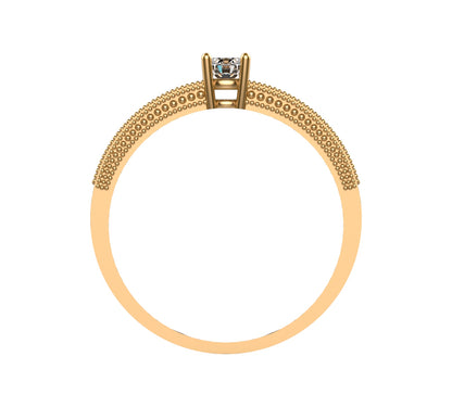 Anillo de compromiso en oro amarillo 18K con diamante natural de 0,16ct en cuatro garras y banda ancha triple milgrain con 18 brillantes en micropavé – Joyería Lucigo Colombia