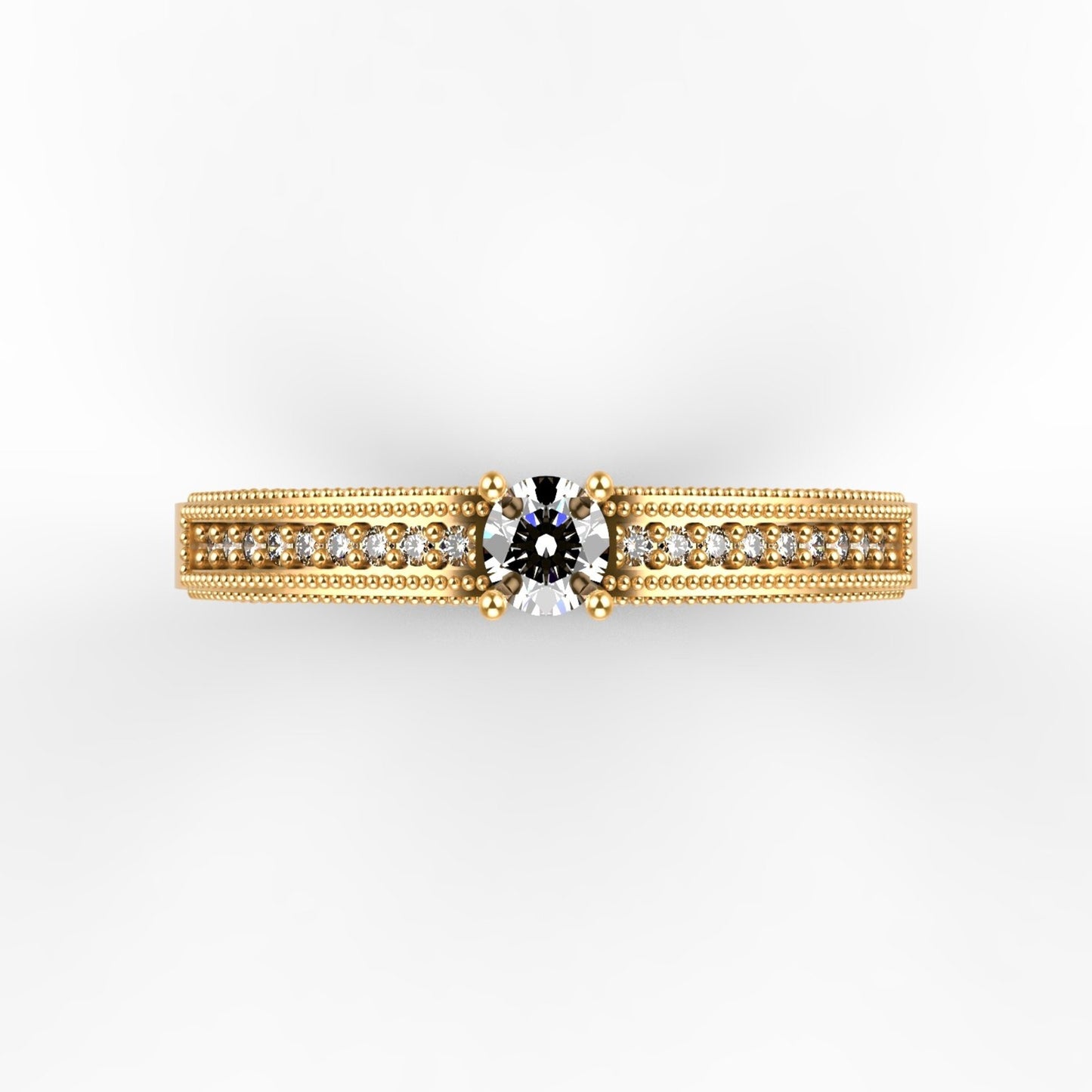 Anillo de compromiso en oro amarillo 18K con diamante natural de 0,16ct en cuatro garras y banda ancha triple milgrain con 18 brillantes en micropavé – Joyería Lucigo Colombia