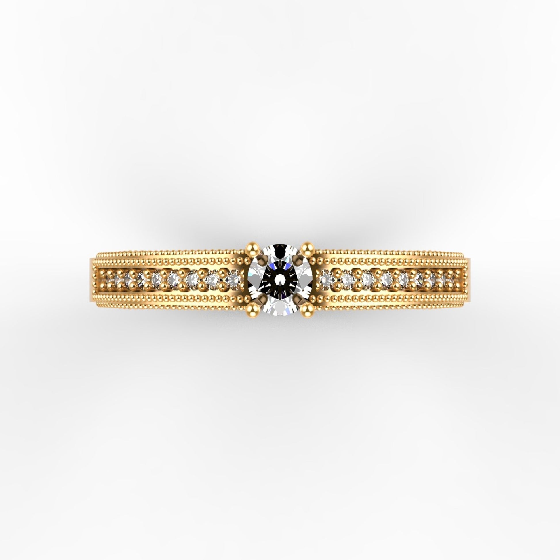 Anillo de compromiso en oro amarillo 18K con diamante natural de 0,16ct en cuatro garras y banda ancha triple milgrain con 18 brillantes en micropavé – Joyería Lucigo Colombia
