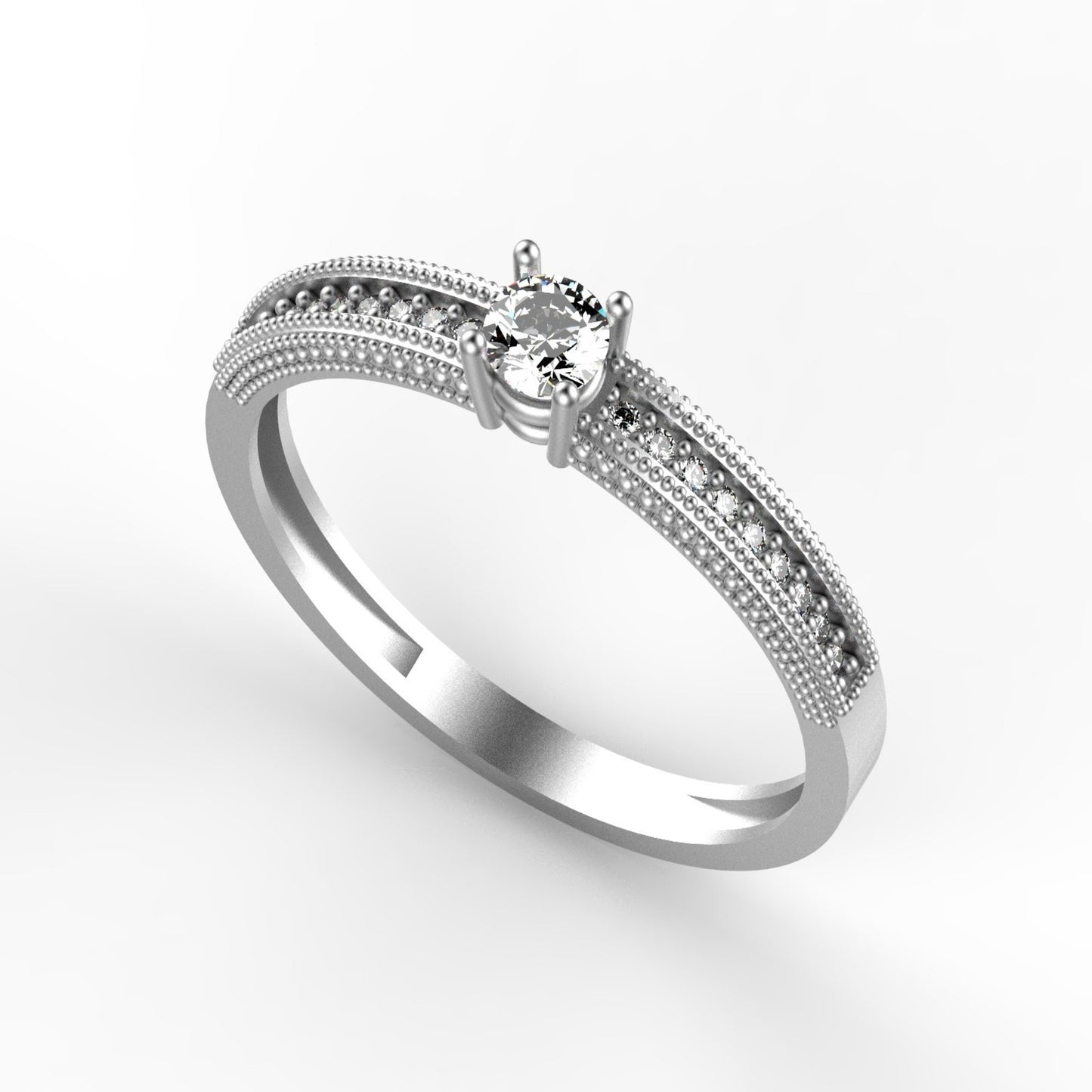 Anillo de compromiso en oro amarillo 18K con diamante natural de 0,16ct en cuatro garras y banda ancha triple milgrain con 18 brillantes en micropavé – Joyería Lucigo Colombia