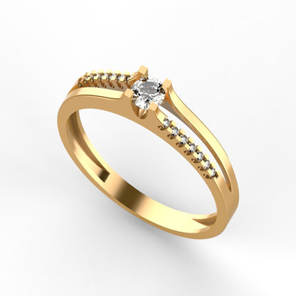 Anillo de compromiso en oro amarillo 18K con diamante natural de 0,16ct en banda dividida con 14 brillantes en micropavé asimétrico – Joyería Lucigo Colombia