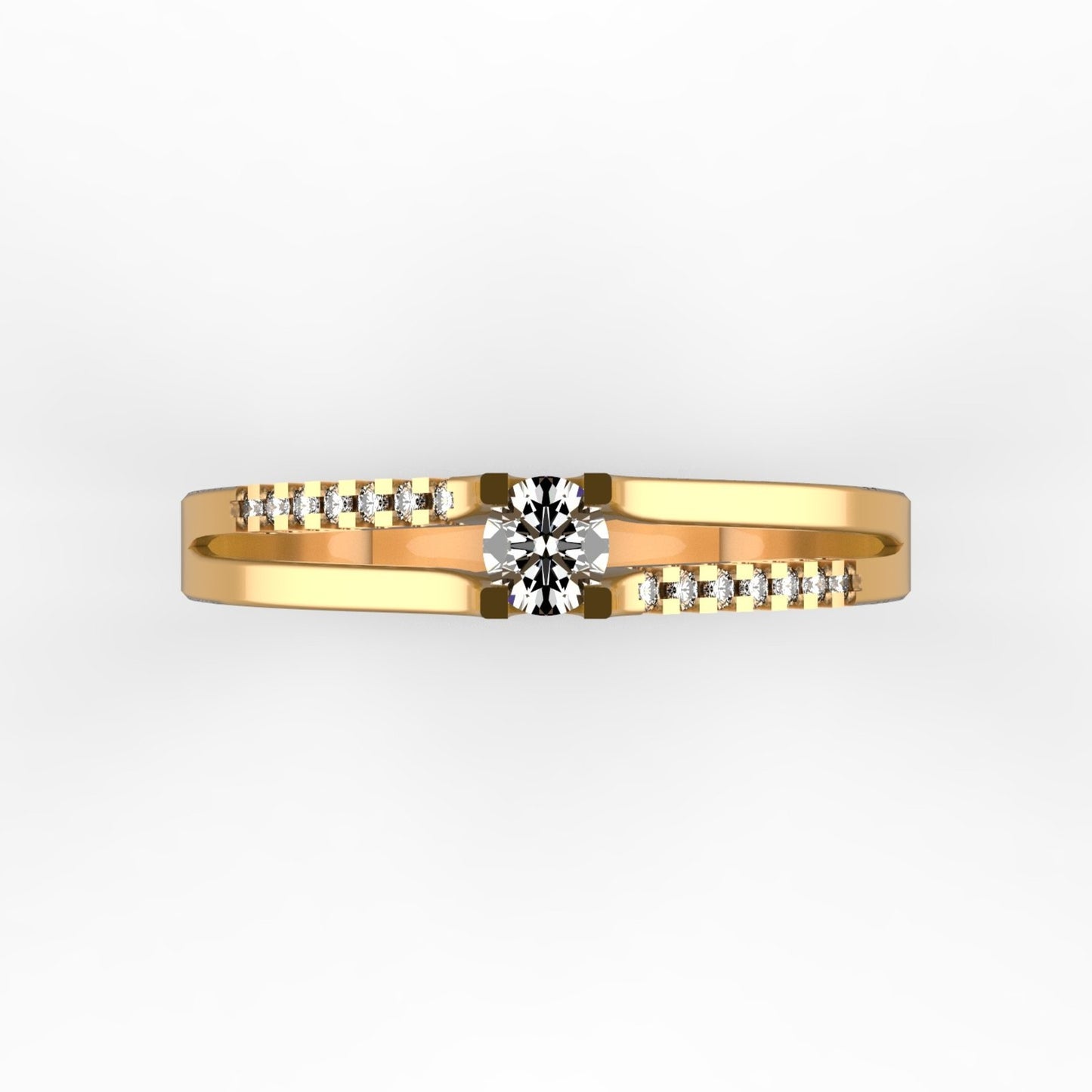 Anillo de compromiso en oro amarillo 18K con diamante natural de 0,16ct en banda dividida con 14 brillantes en micropavé asimétrico – Joyería Lucigo Colombia