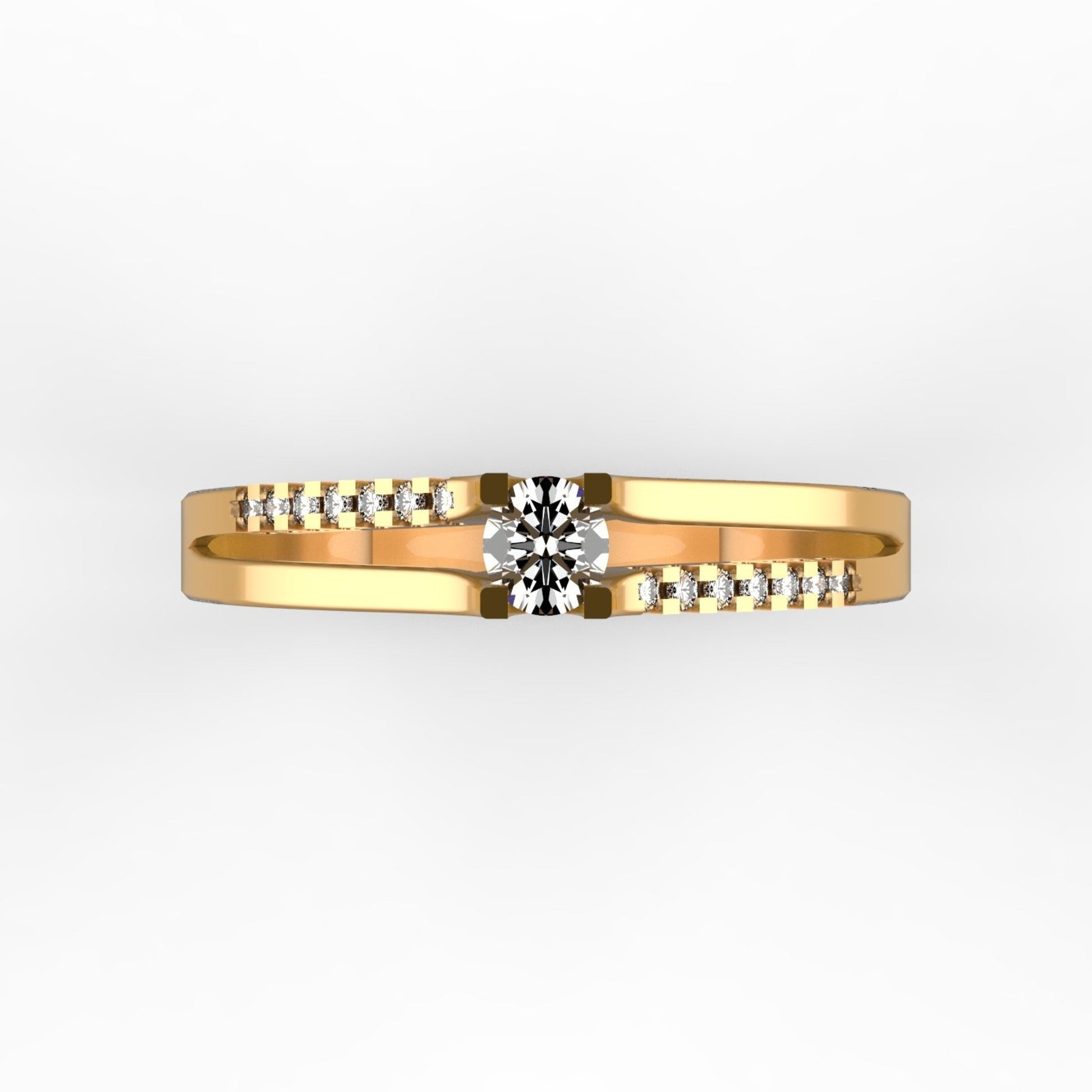 Anillo de compromiso en oro amarillo 18K con diamante natural de 0,16ct en banda dividida con 14 brillantes en micropavé asimétrico – Joyería Lucigo Colombia