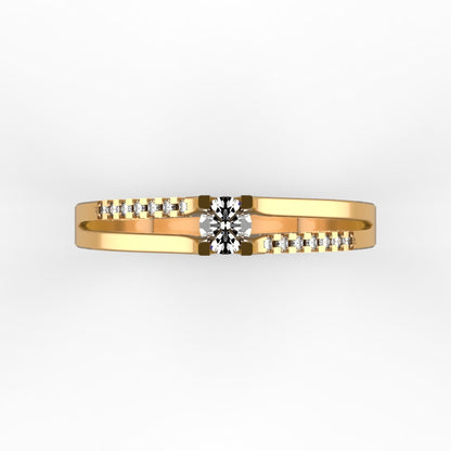 Anillo de compromiso en oro amarillo 18K con diamante natural de 0,16ct en banda dividida con 14 brillantes en micropavé asimétrico – Joyería Lucigo Colombia
