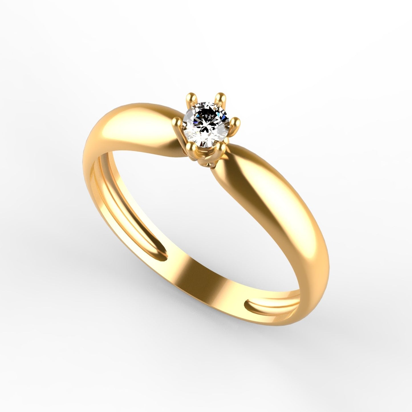 Anillo solitario en oro amarillo 18K con zircón central de 3,5mm en garras florales y banda redondeada – Joyería Lucigo Colombia