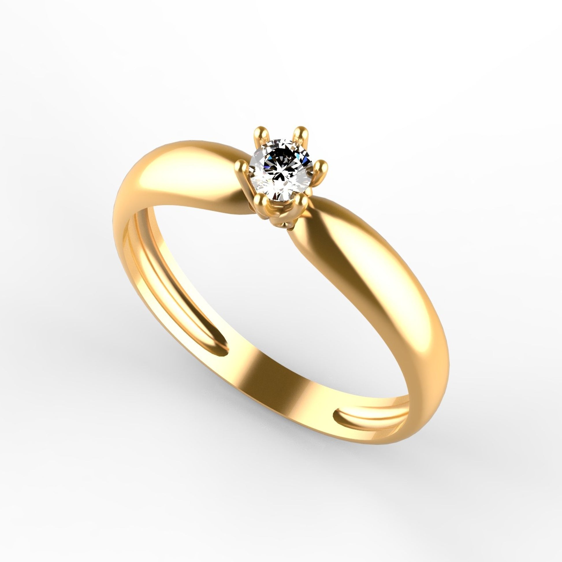 Anillo solitario en oro amarillo 18K con zircón central de 3,5mm en garras florales y banda redondeada – Joyería Lucigo Colombia