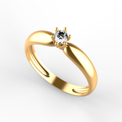 Anillo solitario en oro amarillo 18K con zircón central de 3,5mm en garras florales y banda redondeada – Joyería Lucigo Colombia