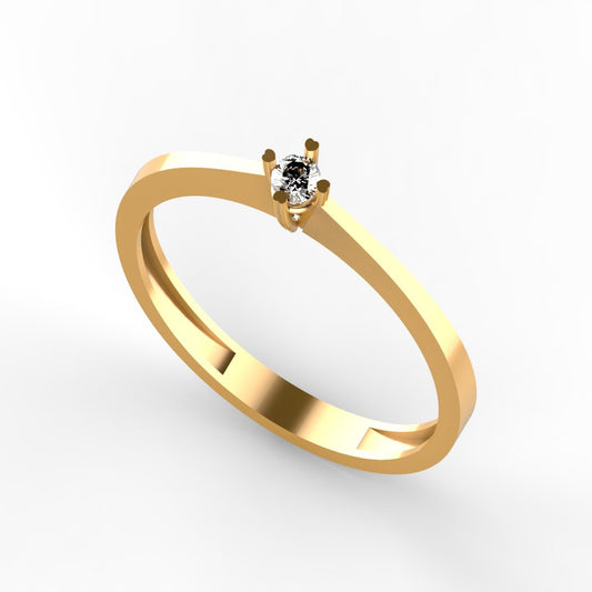 Anillo solitario en oro amarillo 18K con diamante natural de 0,16ct en cuatro garras y banda delgada cónica – Joyería Lucigo Colombia