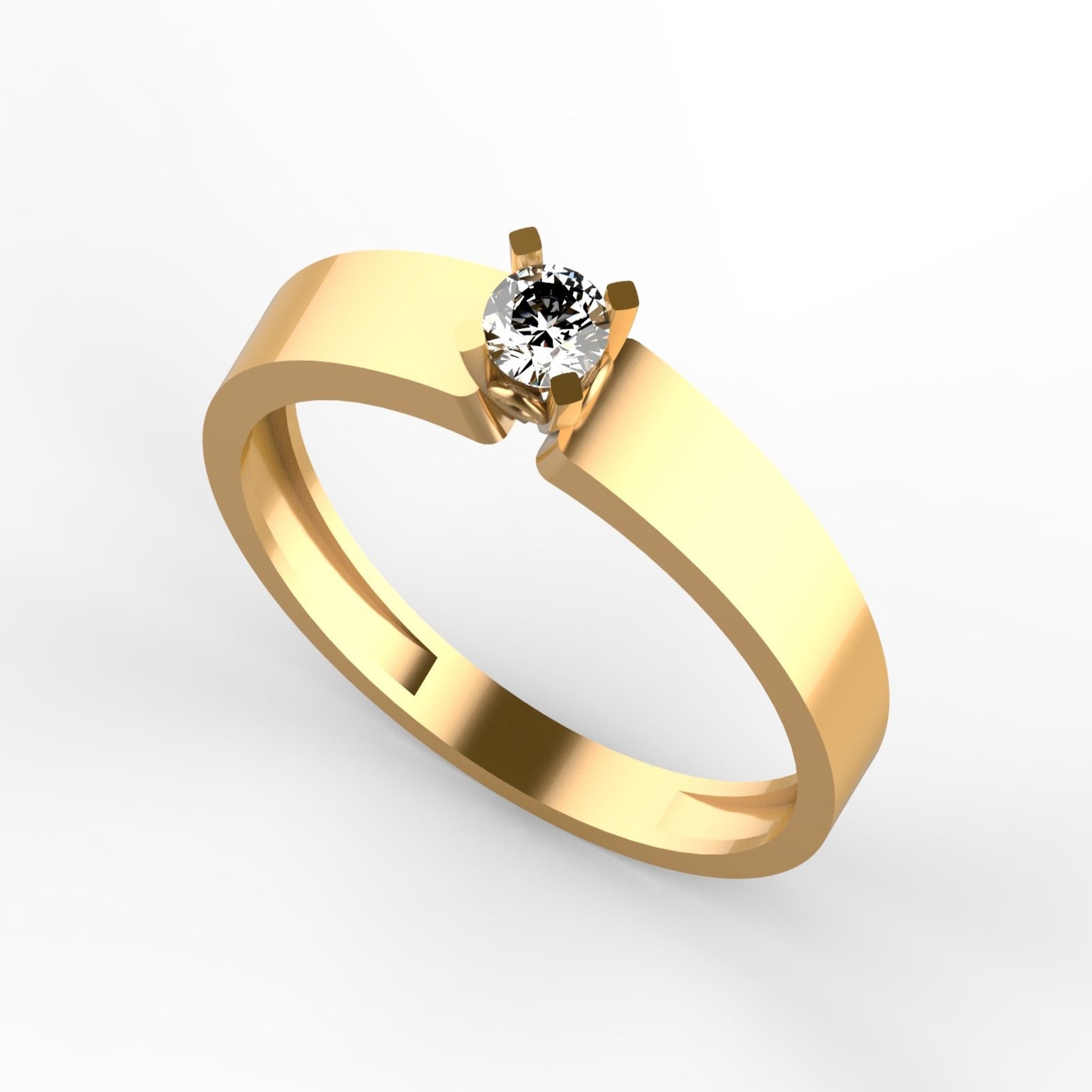 Anillo solitario en oro amarillo 18K con diamante natural de 0,16ct en garras cuadradas y banda ancha plana de perfil recto – Joyería Lucigo Colombia