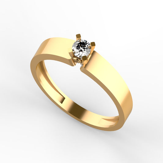 Anillo solitario en oro amarillo 18K con diamante natural de 0,16ct en garras cuadradas y banda ancha plana de perfil recto – Joyería Lucigo Colombia