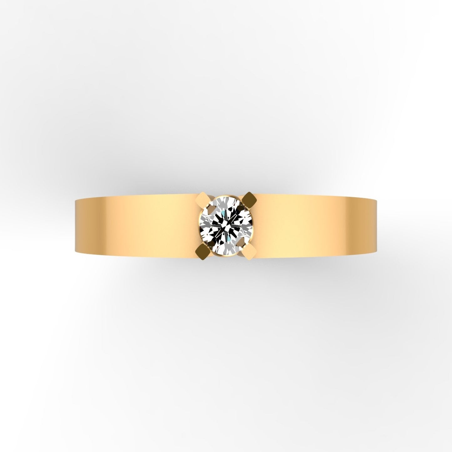Anillo solitario en oro amarillo 18K con diamante natural de 0,16ct en garras cuadradas y banda ancha plana de perfil recto – Joyería Lucigo Colombia