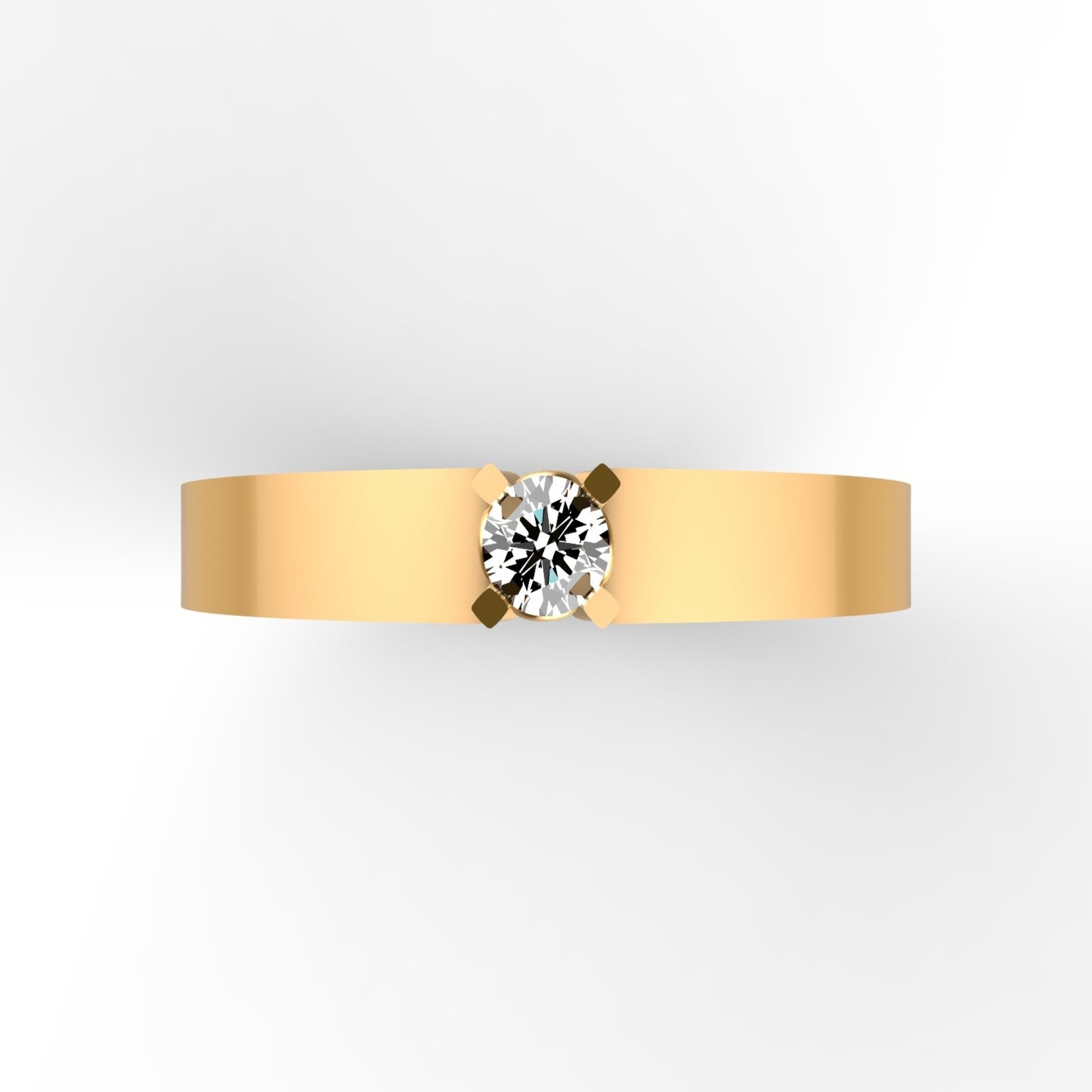 Anillo solitario en oro amarillo 18K con diamante natural de 0,16ct en garras cuadradas y banda ancha plana de perfil recto – Joyería Lucigo Colombia