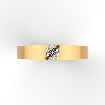 Anillo solitario en oro amarillo 18K con diamante natural de 0,16ct en garras cuadradas y banda ancha plana de perfil recto – Joyería Lucigo Colombia