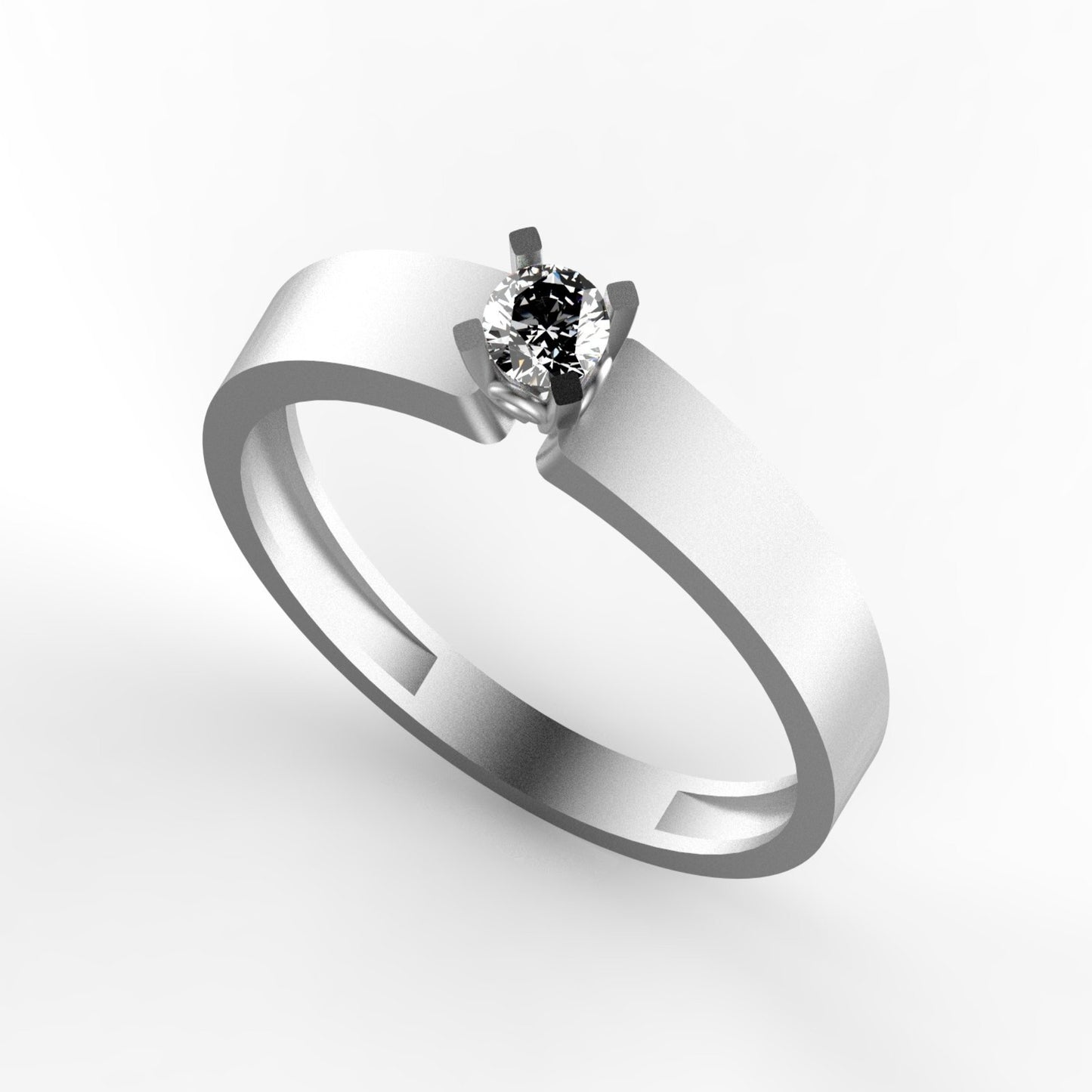 Anillo solitario en oro amarillo 18K con diamante natural de 0,16ct en garras cuadradas y banda ancha plana de perfil recto – Joyería Lucigo Colombia