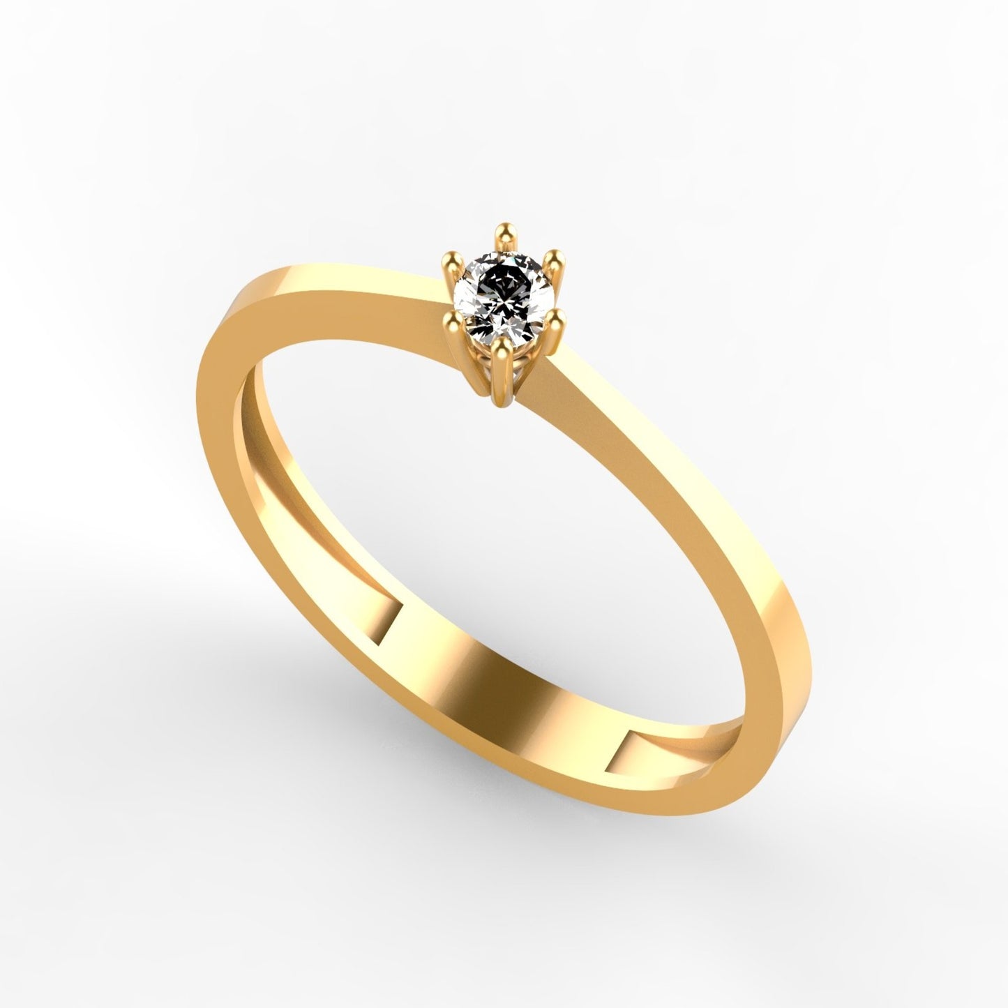 Anillo solitario delicado en oro amarillo 18K con zircón central de 3mm en seis garras y banda delgada – Joyería Lucigo Colombia