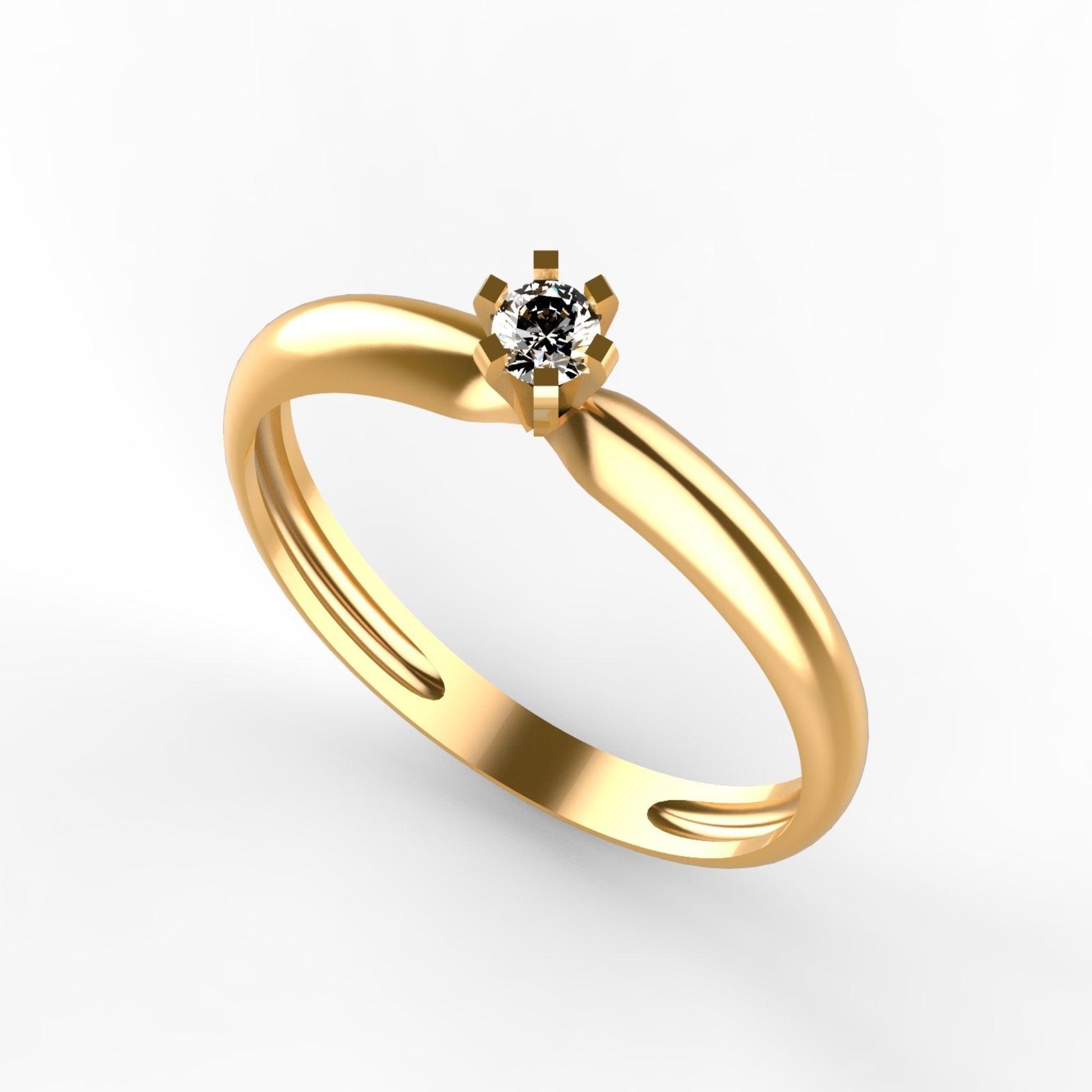 Anillo solitario en oro amarillo 18K con diamante natural de 0,10ct en seis garras cuadradas y banda curva ondulada con líneas grabadas – Joyería Lucigo Colombia