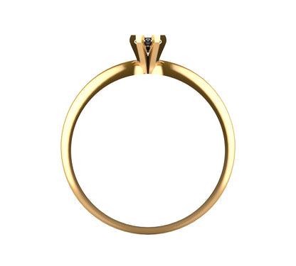 Anillo solitario en oro amarillo 18K con diamante natural de 0,10ct en seis garras cuadradas y banda curva ondulada con líneas grabadas – Joyería Lucigo Colombia