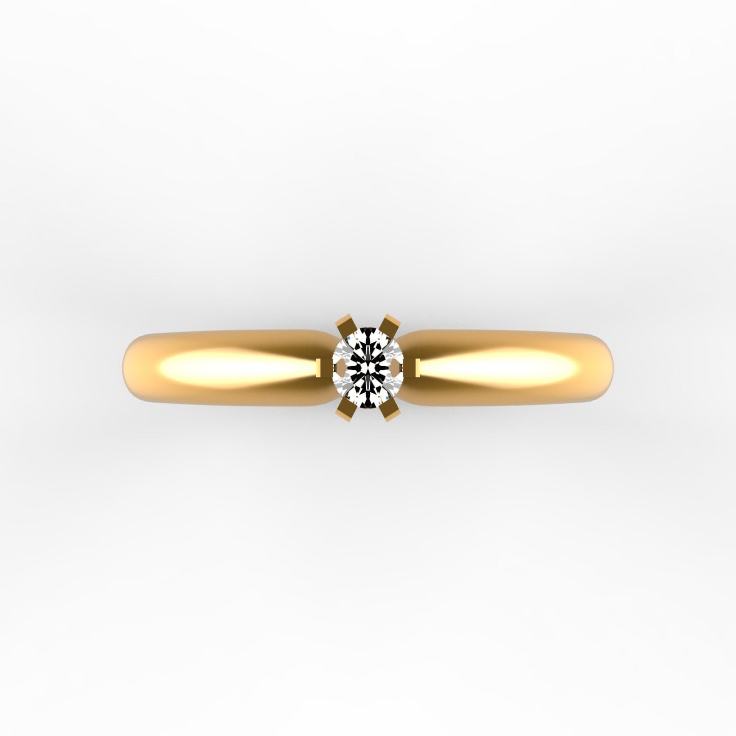 Anillo solitario en oro amarillo 18K con diamante natural de 0,10ct en seis garras cuadradas y banda curva ondulada con líneas grabadas – Joyería Lucigo Colombia