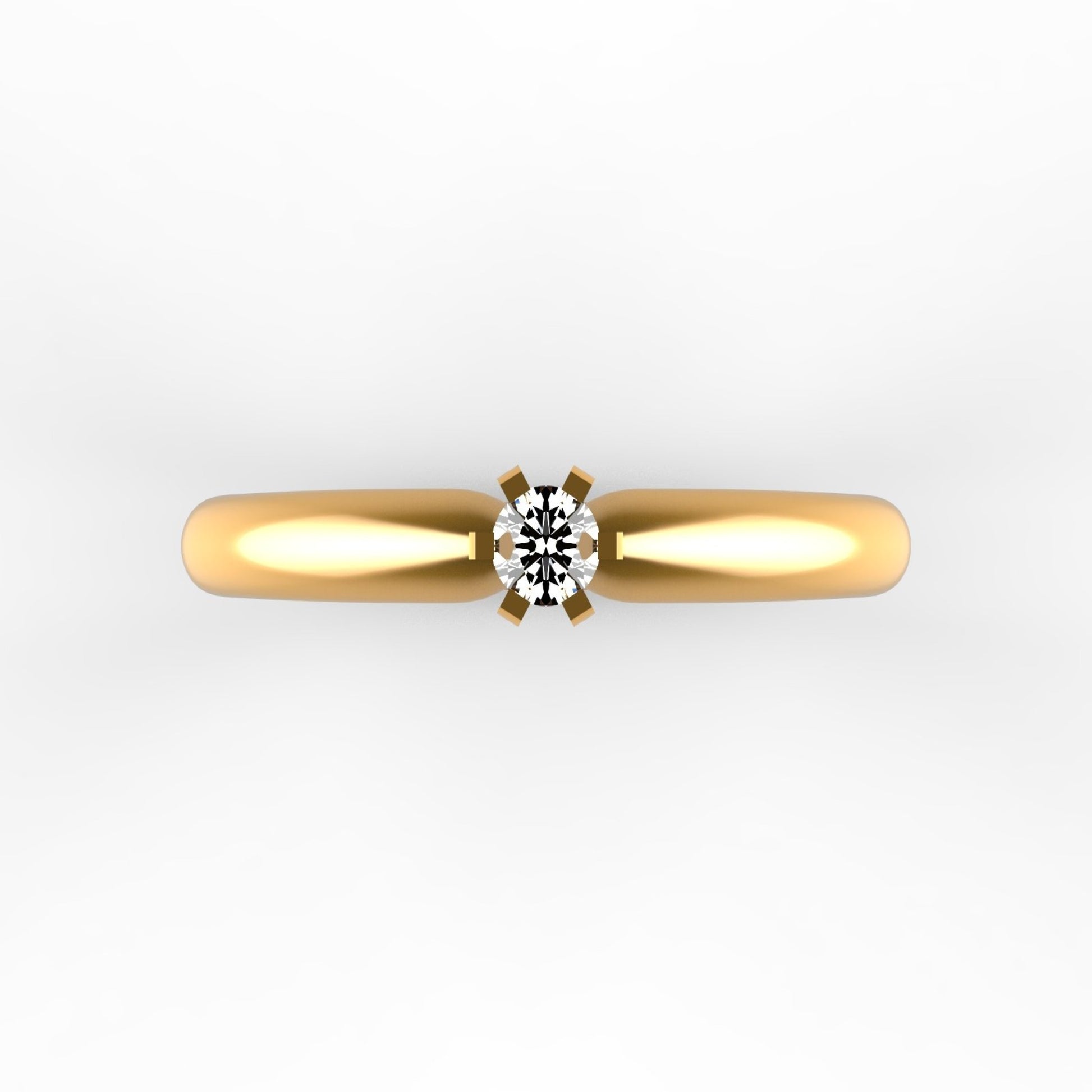 Anillo solitario en oro amarillo 18K con diamante natural de 0,10ct en seis garras cuadradas y banda curva ondulada con líneas grabadas – Joyería Lucigo Colombia