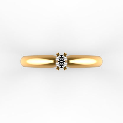 Anillo solitario en oro amarillo 18K con diamante natural de 0,10ct en seis garras cuadradas y banda curva ondulada con líneas grabadas – Joyería Lucigo Colombia