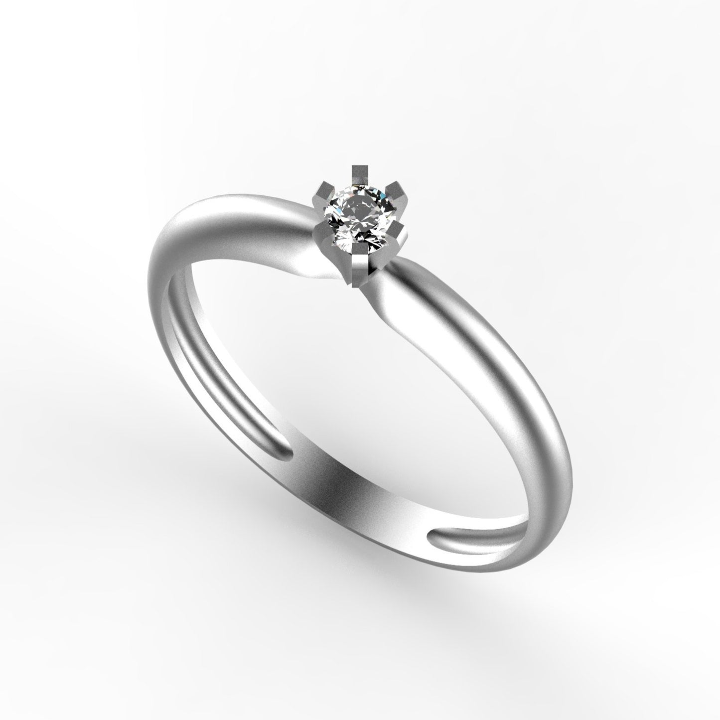 Anillo solitario en oro amarillo 18K con diamante natural de 0,10ct en seis garras cuadradas y banda curva ondulada con líneas grabadas – Joyería Lucigo Colombia