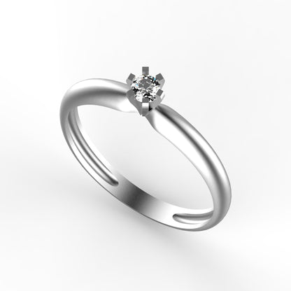 Anillo solitario en oro amarillo 18K con diamante natural de 0,10ct en seis garras cuadradas y banda curva ondulada con líneas grabadas – Joyería Lucigo Colombia