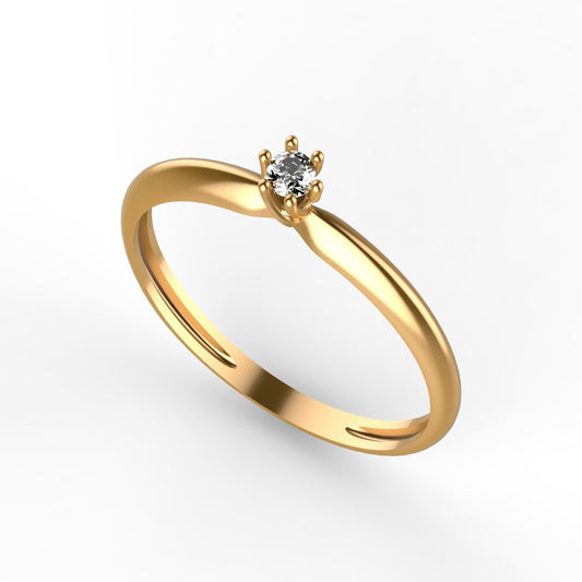 Anillo solitario minimalista en oro amarillo 18K con diamante natural de 0,10ct en seis garras y banda muy fina redondeada – Joyería Lucigo Colombia