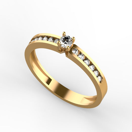 Anillo solitario en oro amarillo 18K con diamante natural de 0,10ct y 12 brillantes en pavé canal continuo asimétrico — un lado liso, un lado brillante – Joyería Lucigo Colombia