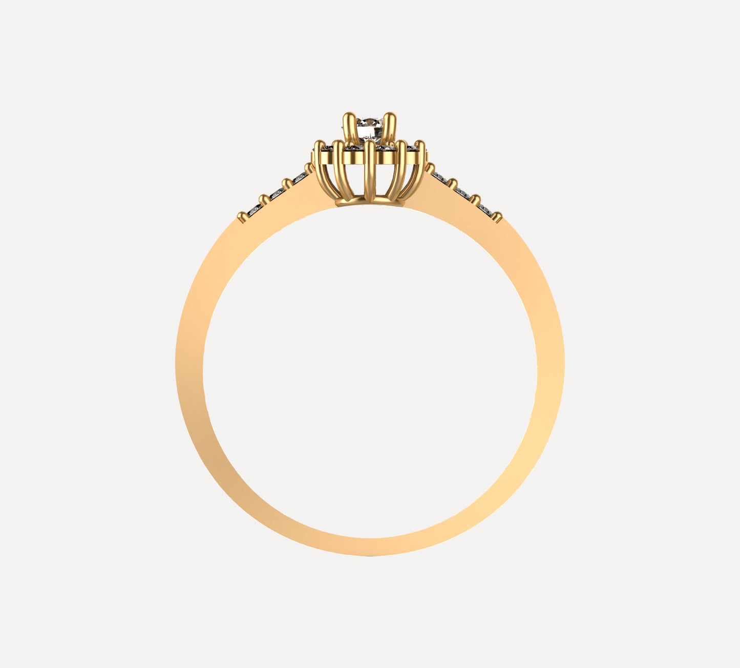 Anillo solitario en oro amarillo 18K con diamante natural de 0,10ct en halo redondo con 16 brillantes y pavé en banda – Joyería Lucigo Colombia