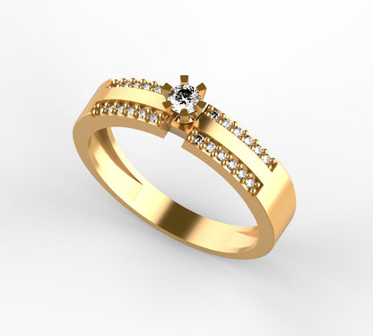 Anillo solitario en oro amarillo 18K con diamante natural de 0,10ct elevado sobre doble banda paralela con 24 brillantes en micropavé completo – Joyería Lucigo Colombia