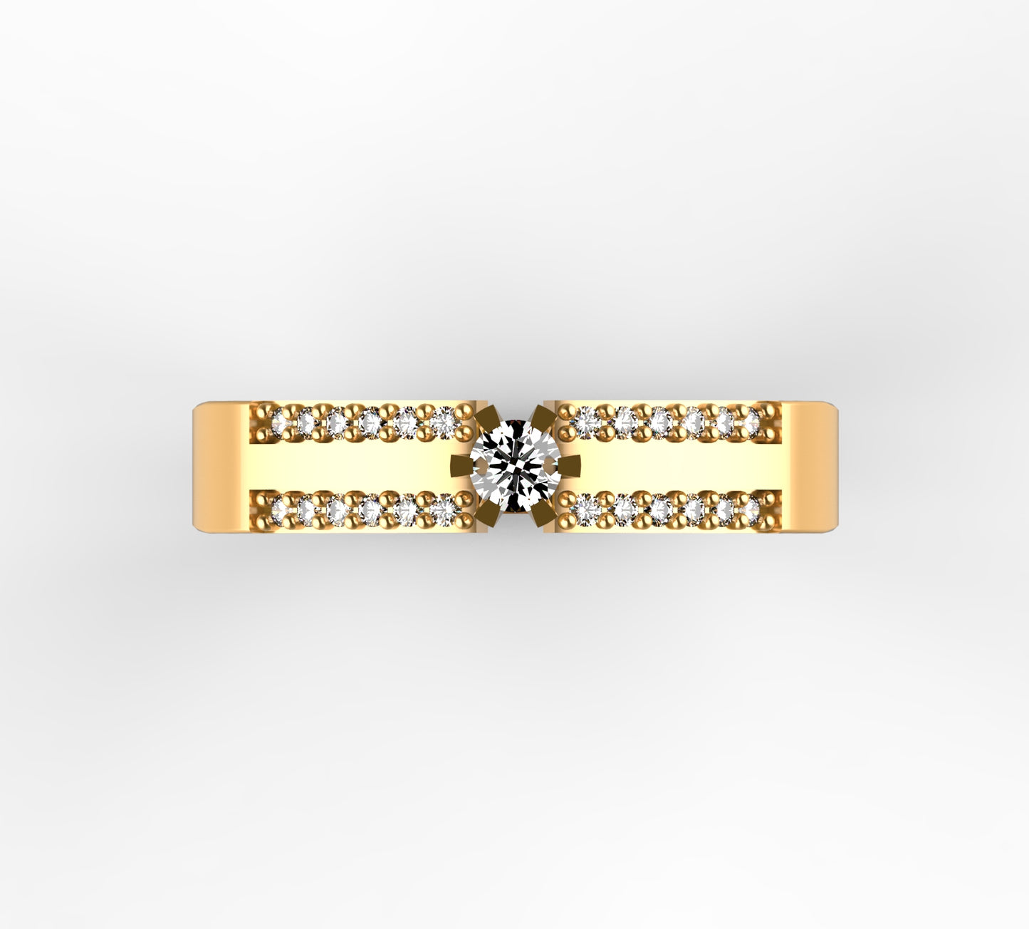 Anillo solitario en oro amarillo 18K con diamante natural de 0,10ct elevado sobre doble banda paralela con 24 brillantes en micropavé completo – Joyería Lucigo Colombia
