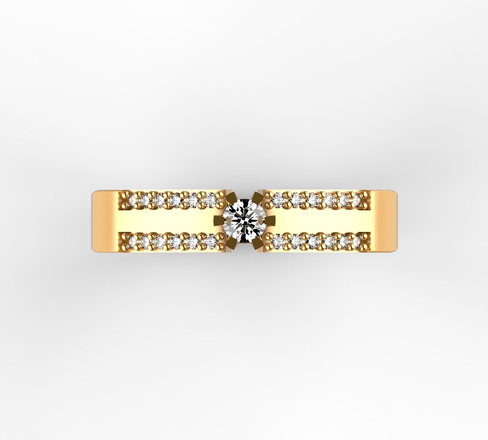 Anillo solitario en oro amarillo 18K con diamante natural de 0,10ct elevado sobre doble banda paralela con 24 brillantes en micropavé completo – Joyería Lucigo Colombia