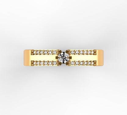 Anillo solitario en oro amarillo 18K con diamante natural de 0,10ct elevado sobre doble banda paralela con 24 brillantes en micropavé completo – Joyería Lucigo Colombia
