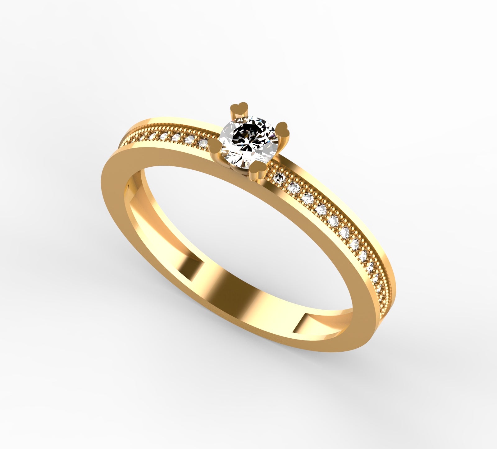 Anillo solitario en oro amarillo 18K con diamante natural de 0,23ct en garras rematadas en corazón y banda ancha milgrain con 28 brillantes en micropavé completo – Joyería Lucigo Colombia