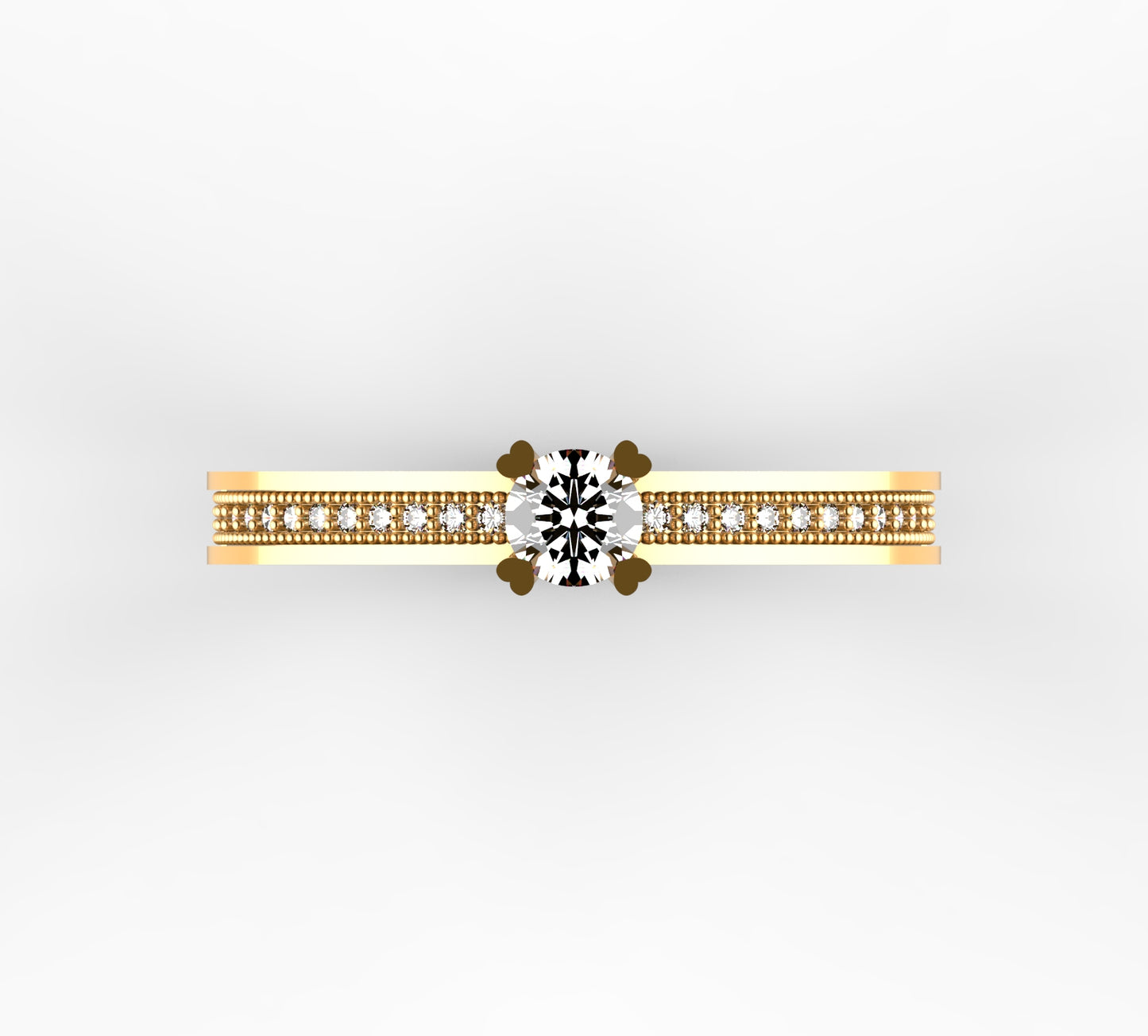 Anillo solitario en oro amarillo 18K con diamante natural de 0,23ct en garras rematadas en corazón y banda ancha milgrain con 28 brillantes en micropavé completo – Joyería Lucigo Colombia