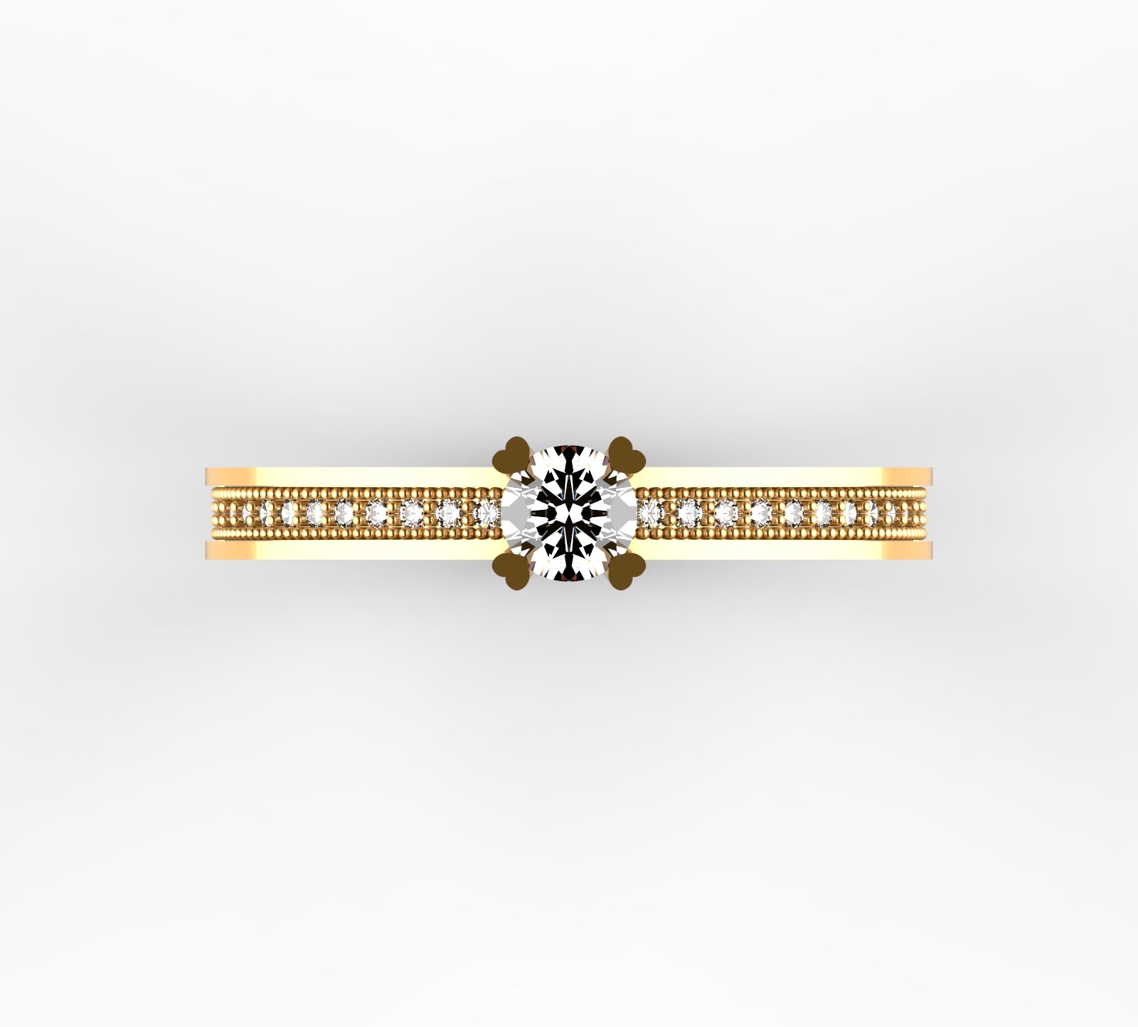 Anillo solitario en oro amarillo 18K con diamante natural de 0,23ct en garras rematadas en corazón y banda ancha milgrain con 28 brillantes en micropavé completo – Joyería Lucigo Colombia