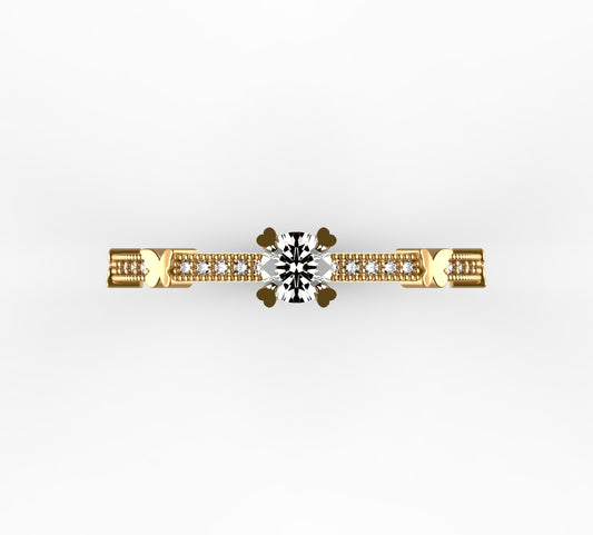 Anillo de Compromiso Vintage Oro 18k con Diamante 0,23 ct y 20 Brillantes | Solitario Novia Milgrain Corazones L750