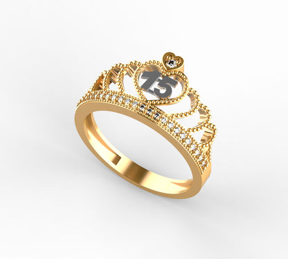 Anillo de Corona para Quinceañera en Oro 18K con Corazón y 15