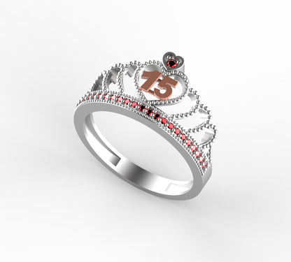 Anillo de Corona para Quinceañera en Oro 18K con Corazón y 15