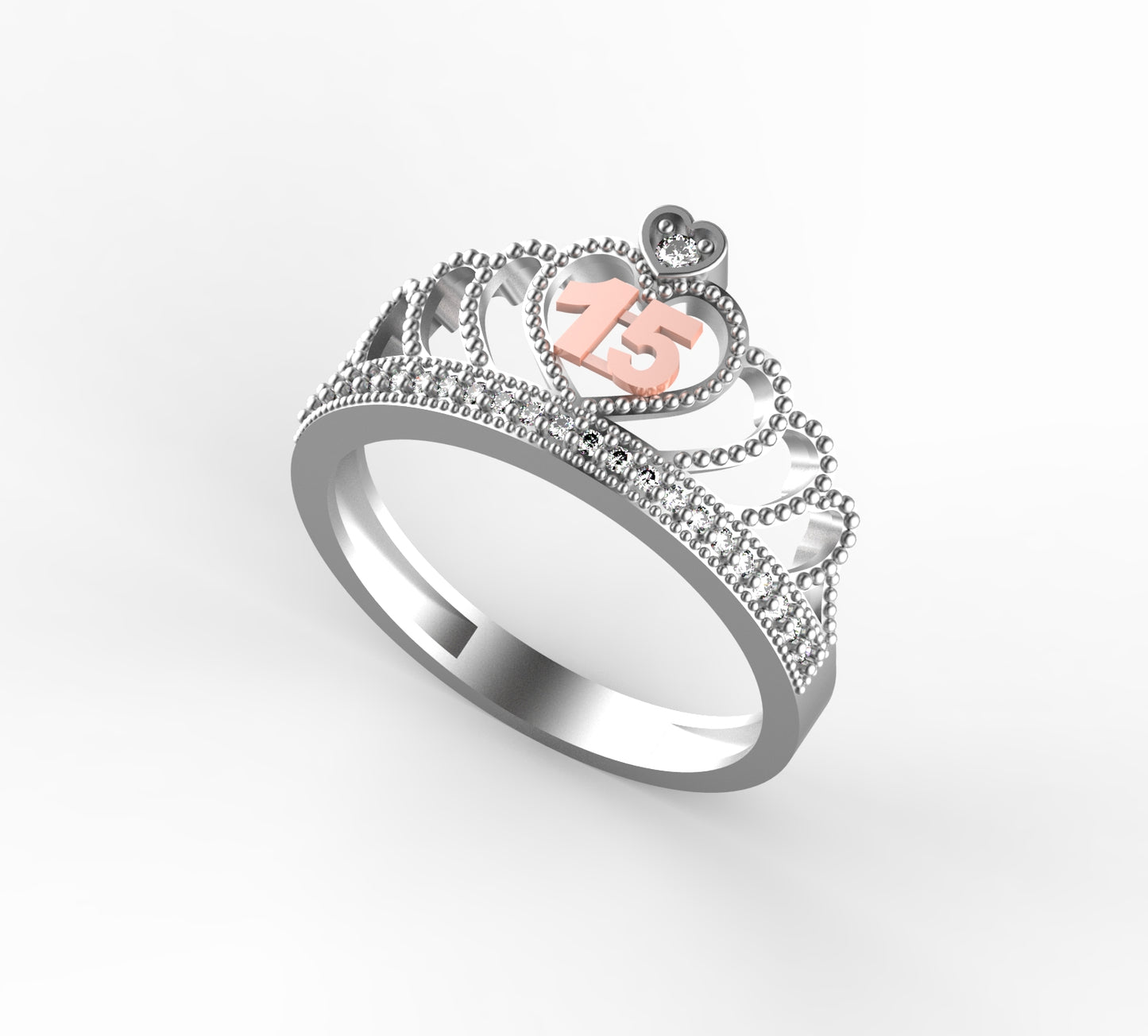 Anillo de Corona para Quinceañera en Oro 18K con Corazón y 15