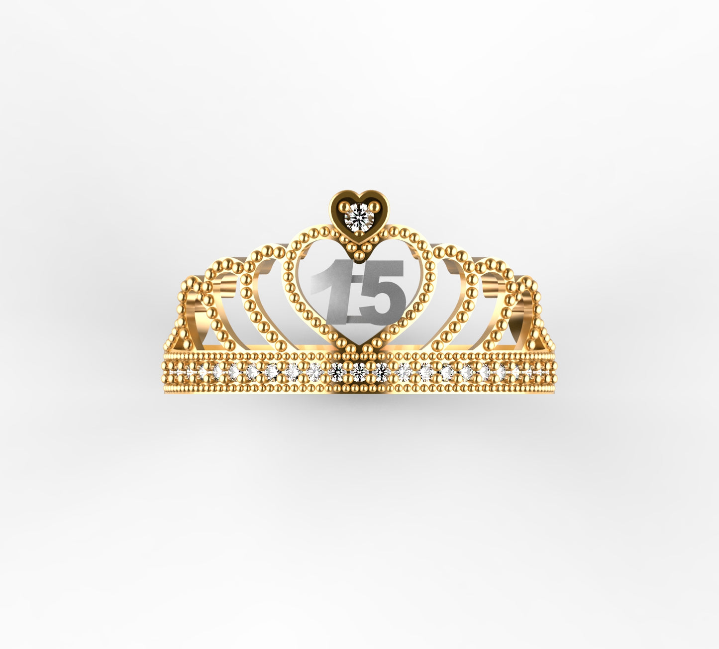 Anillo de Corona para Quinceañera en Oro 18K con Corazón y 15