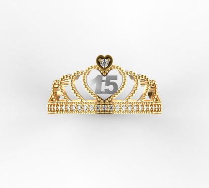 Anillo de Corona para Quinceañera en Oro 18K con Corazón y 15